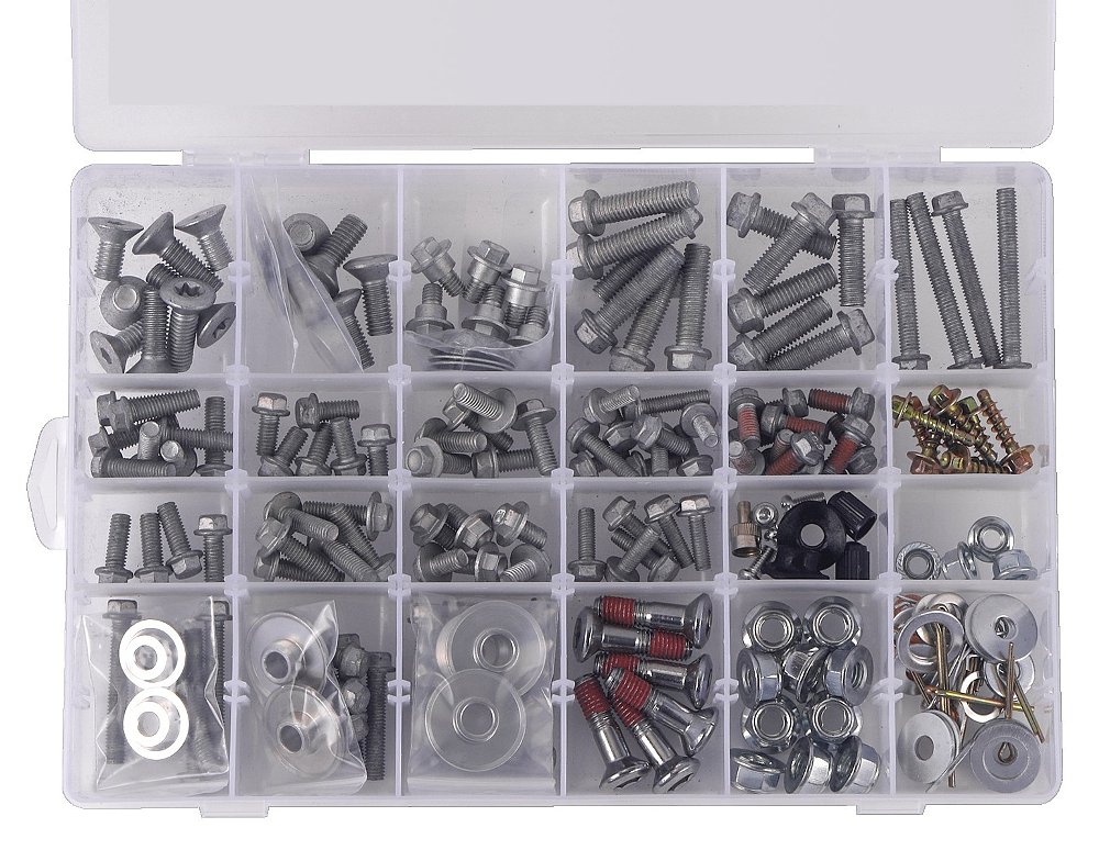 plastic box with compartments containing an assortment of fasteners