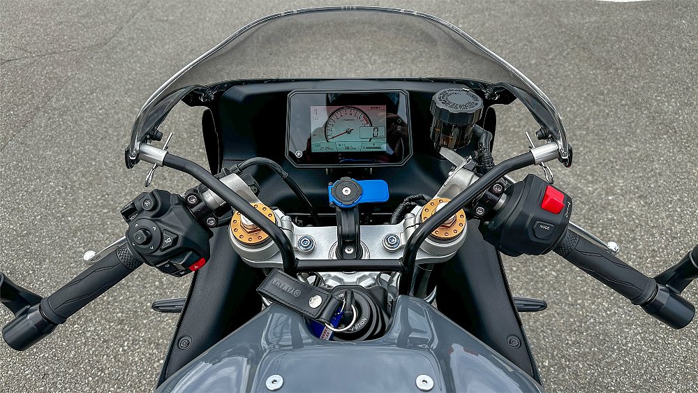 A top-down shot of the XSR900 GP's dash and controls.