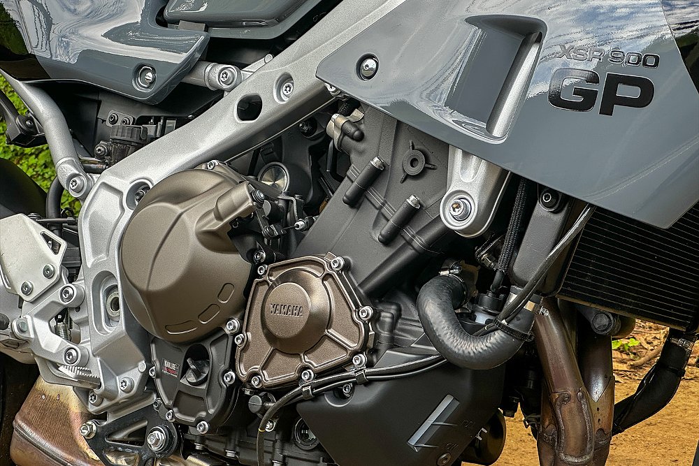 A close-up of the XSR900 GP's inline-triple engine.