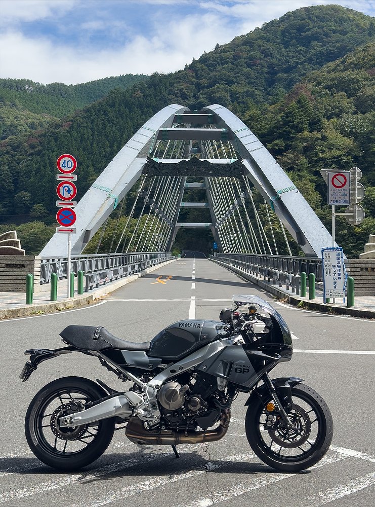 The XSR900 GP pictured with Japan's Mito Bridge in the background.