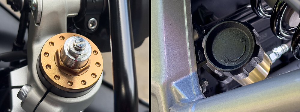 A close-up of the XSR900 GP's fork clickers and hydraulic shock preload adjuster.