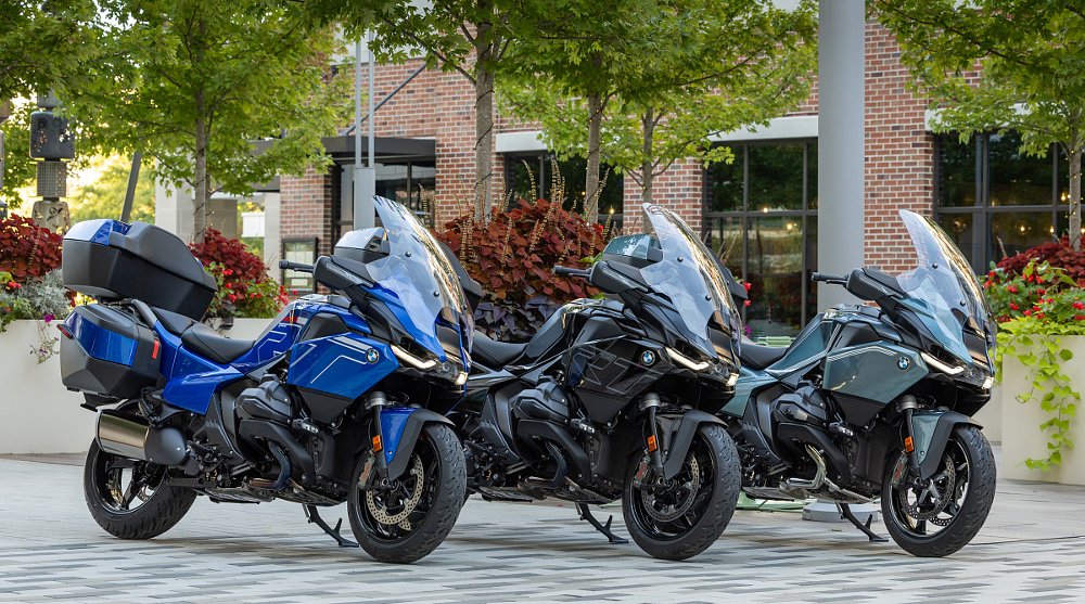 line of three BMW R 1300 RTs in three different colors