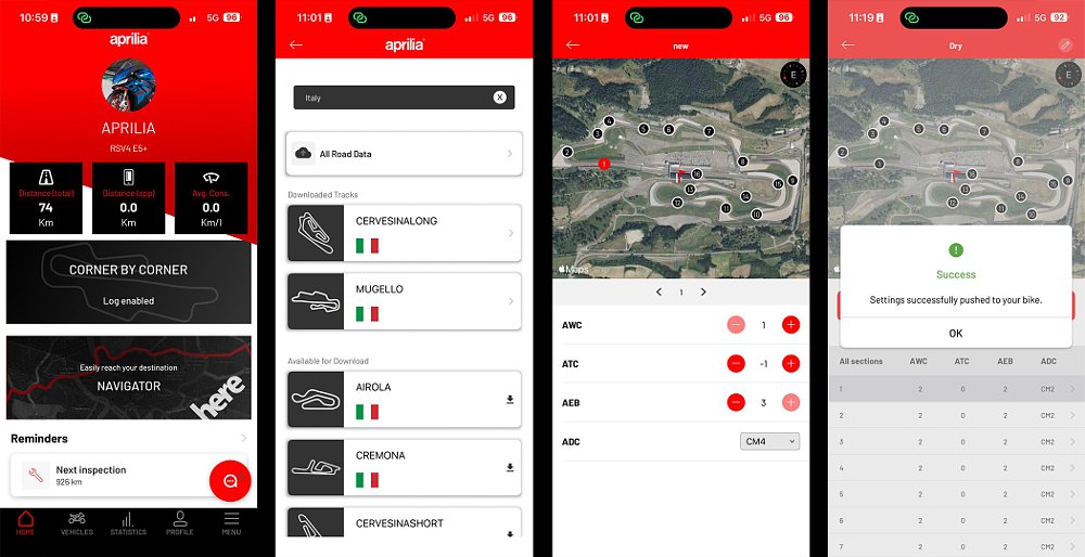 Multiple smartphone screens displaying the steps of activating Aprilia's Corner by Corner system.