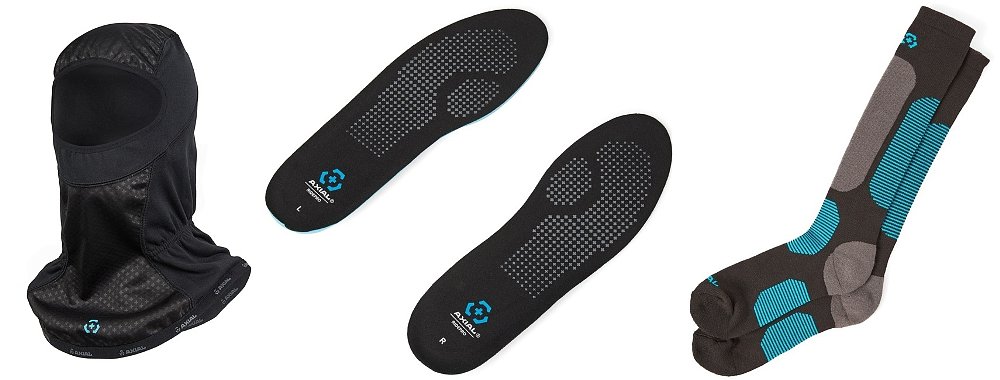 studio photos of insulated balaclava, socks and insoles